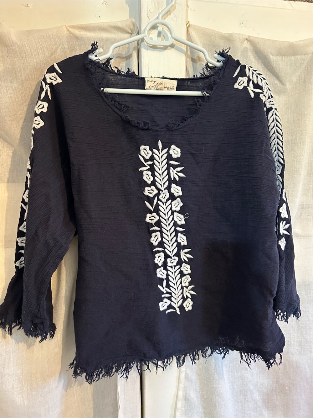 Vintage Havana Black Tunic with White Floral Embroidery